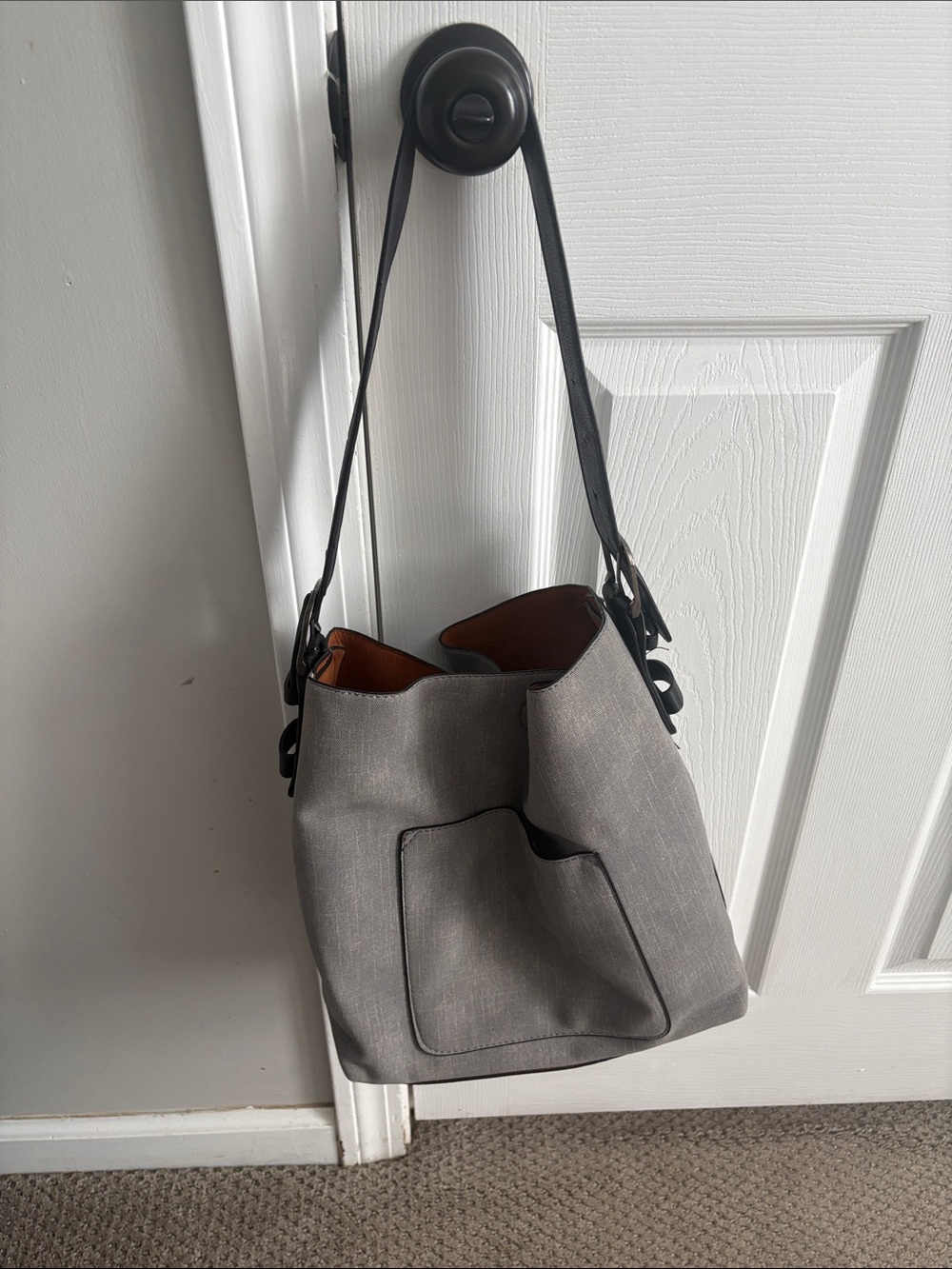 Gray Canvas Shoulder Bag with Front Pocket - Unbranded